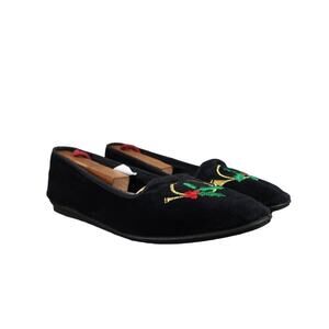 New York Lites Shoes Womens 8 Slippers Velvet Embroidered Horn Holly Black Flats